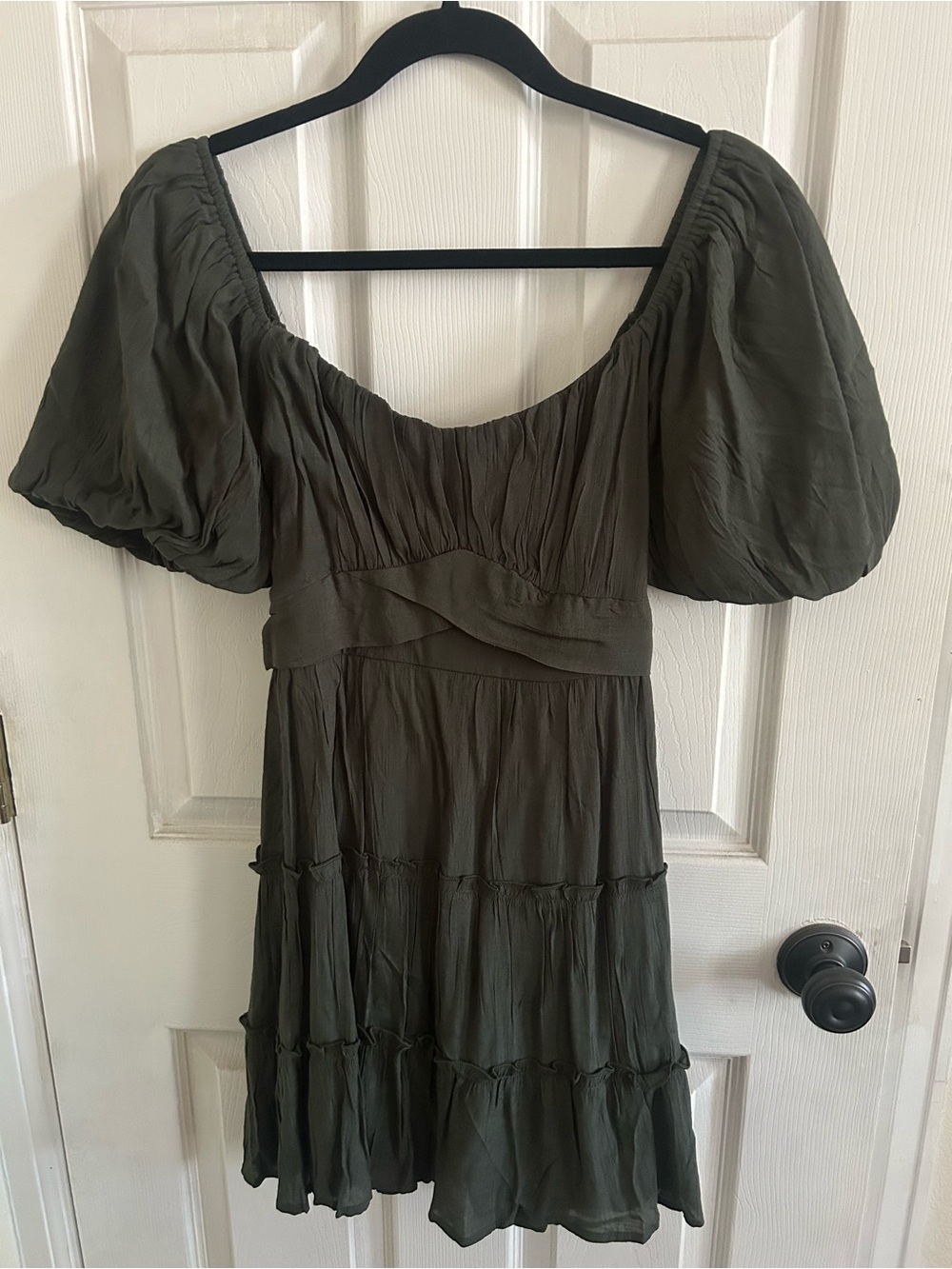 Francesca's Collections Olive Green Puff Sleeve Tiered Mini Dress